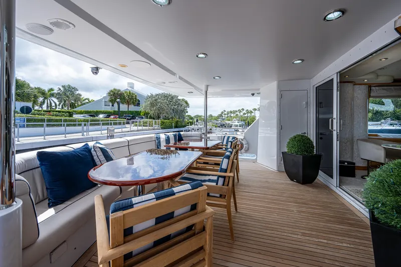 Wire We Here Yacht Photos Pics Luxury outdoor seating area on 1995 Crescent Westport Pilothouse yacht.
