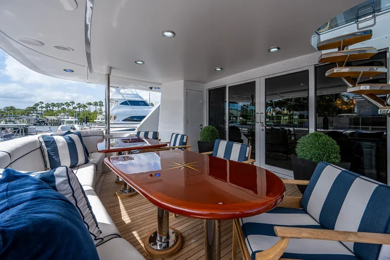 Wire We Here Yacht Photos Pics Luxury outdoor seating area on 1995 Crescent Westport Pilothouse yacht.