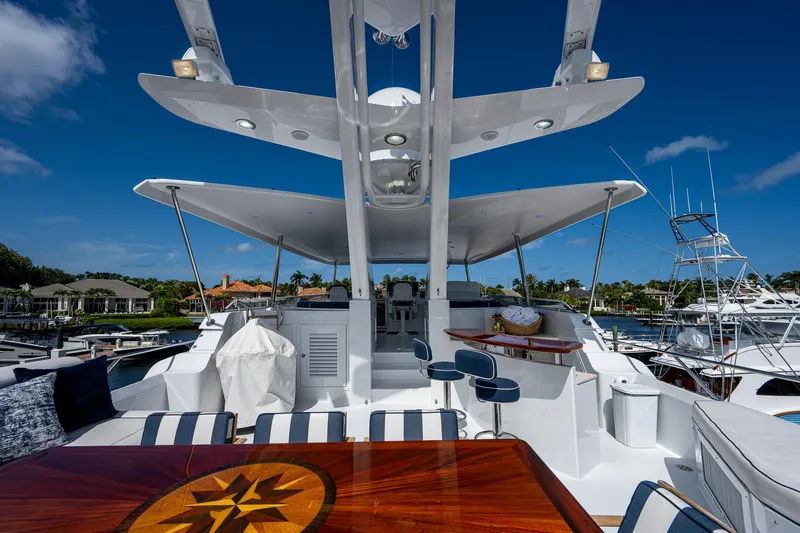 Wire We Here Yacht Photos Pics 1995 Crescent Westport Pilothouse yacht deck with seating and table under clear blue sky.