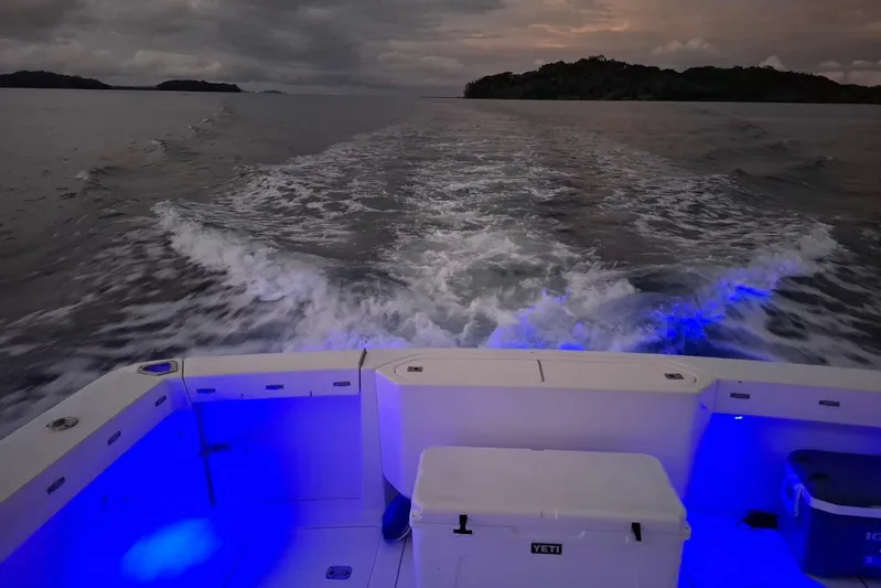  Yacht Photos Pics 2009 Bertram 390 boat cruising at dusk with blue deck lights and ocean view.