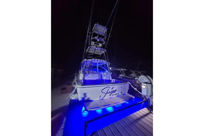  Yacht Photos Pics 2009 Bertram 390 yacht illuminated at night with blue lights at the dock.