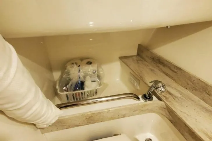  Yacht Photos Pics 2017 Formula 350 Crossover Bowrider bathroom sink with toiletries and towel.