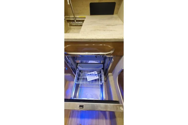  Yacht Photos Pics 2017 Formula 350 Crossover Bowrider interior with open drawer and blue lighting.