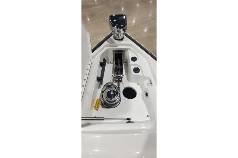  Yacht Photos Pics 2017 Formula 350 Crossover Bowrider anchor compartment with polished hardware and chain.