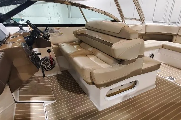  Yacht Photos Pics 2017 Formula 350 Crossover Bowrider interior with luxurious tan seating and sleek design.