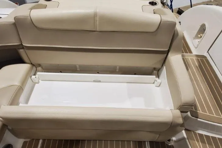  Yacht Photos Pics 2017 Formula 350 Crossover Bowrider interior seating with storage compartment.