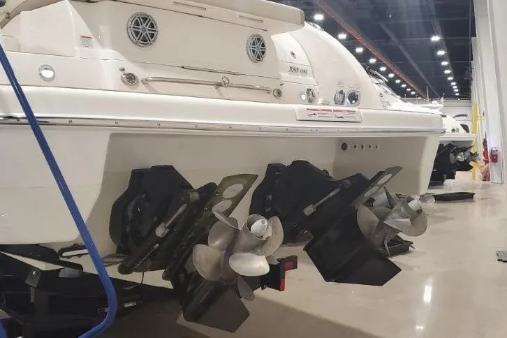  Yacht Photos Pics 2017 Formula 350 Crossover Bowrider with dual propellers in a showroom setting.