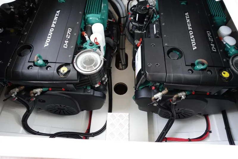 Somedays Here Yacht Photos Pics Engine compartment of 2021 Jeanneau NC 37 with dual Volvo Penta D4-270 engines.