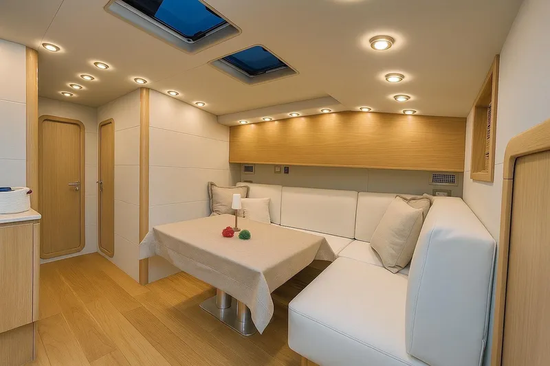  Yacht Photos Pics Luxurious interior of 2023 Zeta Elle 20 yacht with modern seating and lighting.
