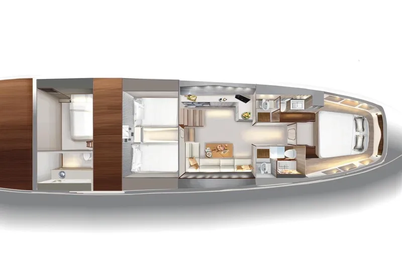  Yacht Photos Pics 2023 Zeta Elle 20 yacht interior layout with bedrooms, bathrooms, and living area.