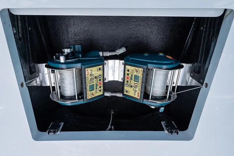 Cast Away Yacht Photos Pics Dual electric fishing reels on a 2008 Hatteras 68 Convertible yacht.