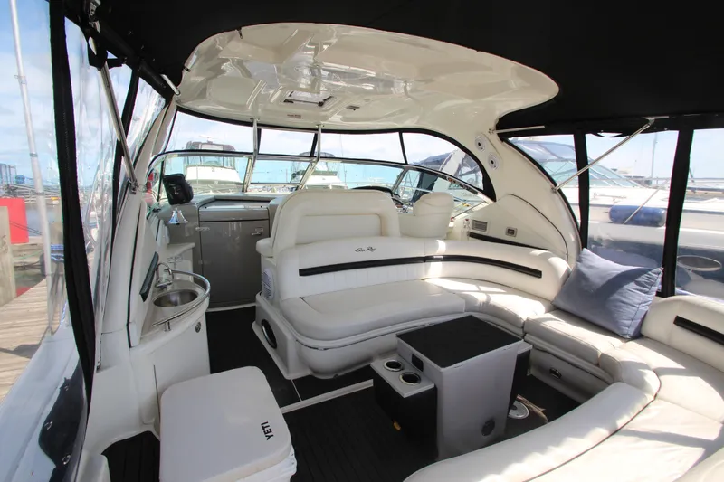  Yacht Photos Pics Luxurious interior of 2008 Sea Ray 44 Sundancer yacht with plush seating and modern amenities.