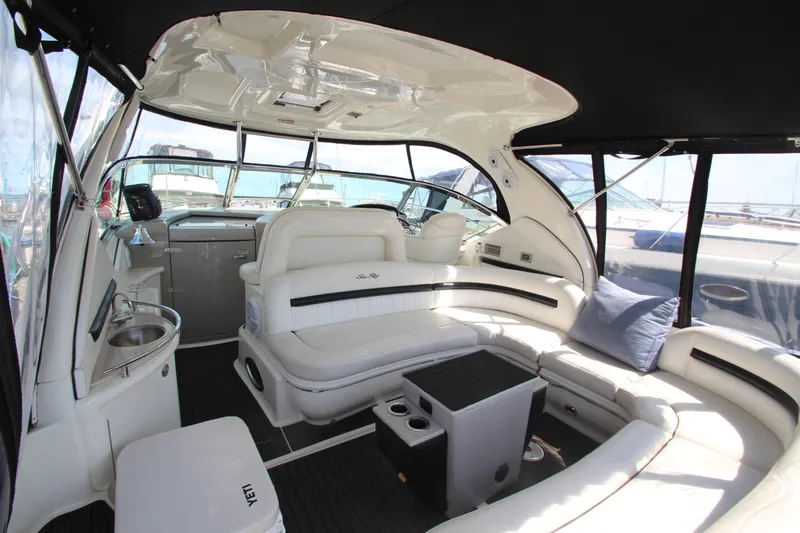  Yacht Photos Pics Luxurious interior of 2008 Sea Ray 44 Sundancer yacht with plush seating and modern amenities.