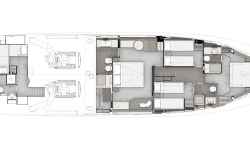  Yacht Photos Pics Floor plan of 2024 Ferretti Yachts 720, showcasing cabin and engine layout.