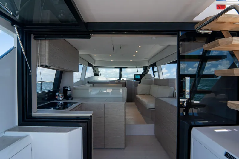 Avanti Yacht Photos Pics Luxurious interior of 2022 Ferretti Yachts 500, featuring modern design and ocean view.