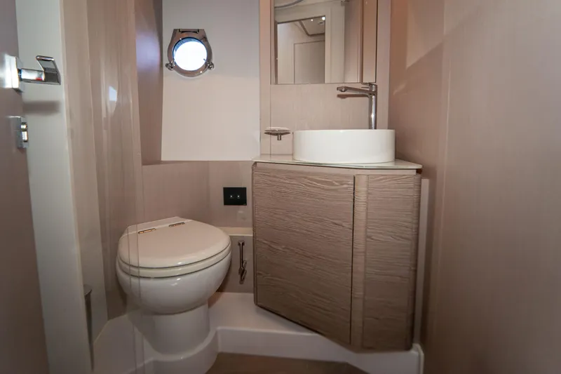 Avanti Yacht Photos Pics Luxurious bathroom in 2022 Ferretti Yachts 500, featuring modern fixtures and elegant design.