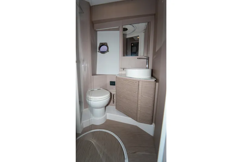Avanti Yacht Photos Pics Luxurious bathroom in 2022 Ferretti Yachts 500, featuring modern fixtures and elegant design.