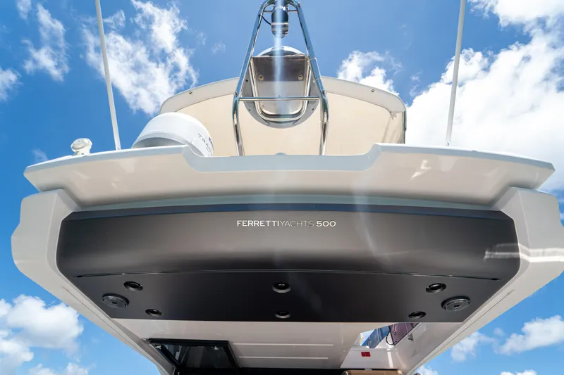 Avanti Yacht Photos Pics 2022 Ferretti Yachts 500, sleek design against a bright blue sky.