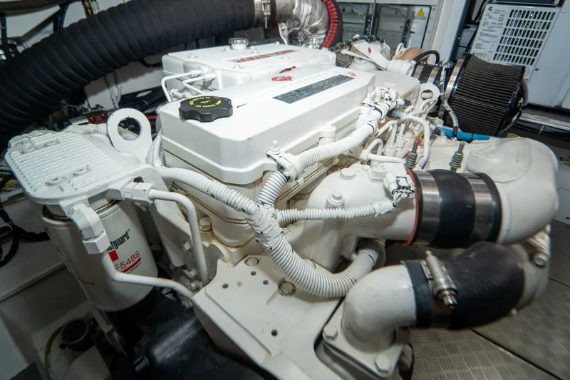 Avanti Yacht Photos Pics Engine room of 2022 Ferretti Yachts 500, showcasing detailed mechanical components.