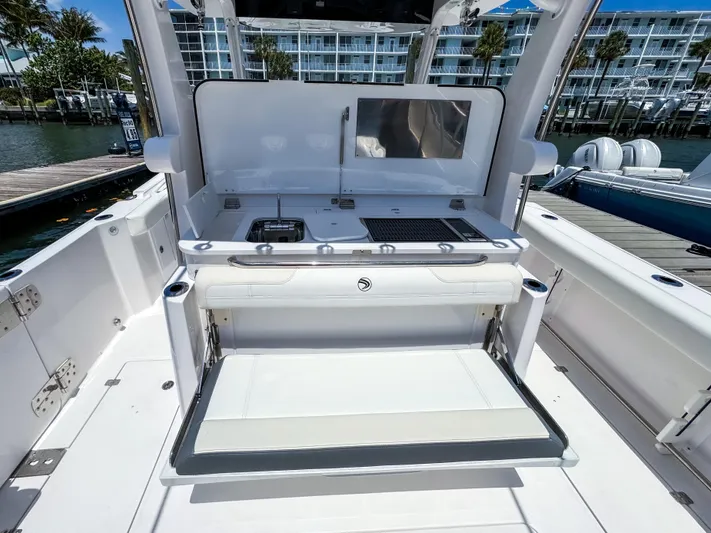  Yacht Photos Pics 2025 Edgewater 370CC boat interior with modern amenities and sleek design.