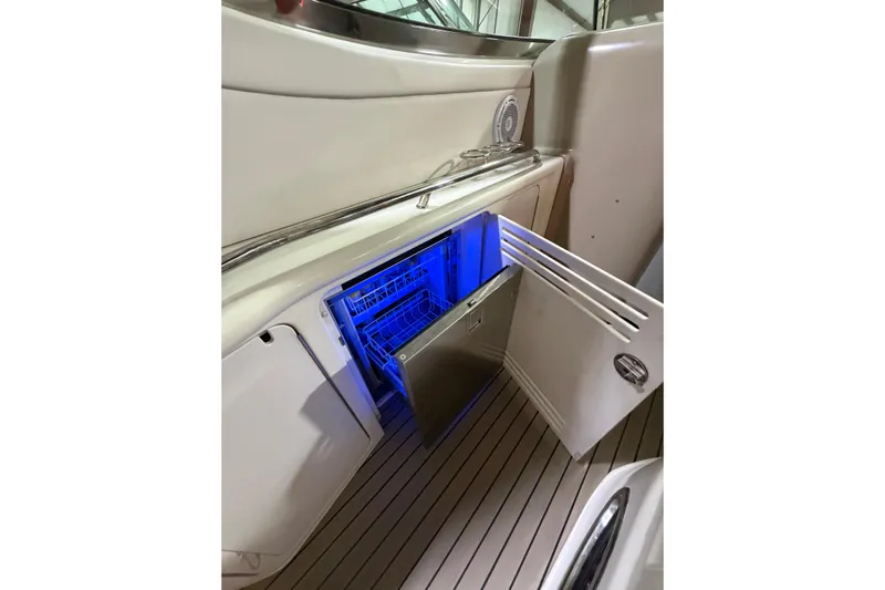 Good Juju Yacht Photos Pics Open refrigerator with blue lighting on 2005 Sea Ray 360 Sundancer boat.