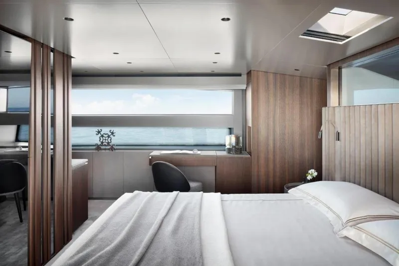  Yacht Photos Pics Luxurious Sanlorenzo SL90A 2021 yacht interior with modern bedroom and ocean view.