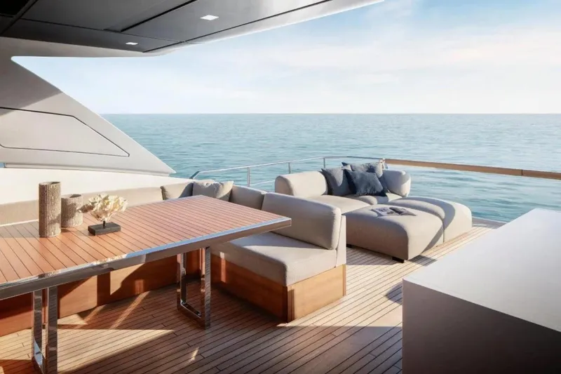  Yacht Photos Pics Luxurious 2021 Sanlorenzo SL90A yacht deck with elegant seating and ocean view.