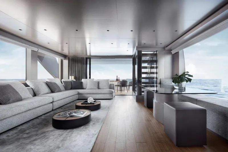  Yacht Photos Pics Luxurious interior of 2021 Sanlorenzo SL90A yacht with modern furnishings and ocean view.