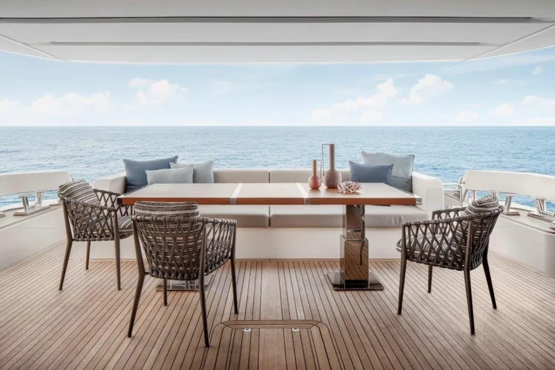  Yacht Photos Pics Luxury Sanlorenzo SL90A yacht deck with elegant seating and ocean view, 2021 model.