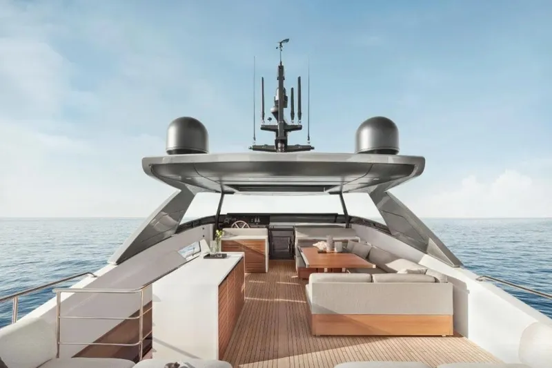  Yacht Photos Pics Luxurious 2021 Sanlorenzo SL90A yacht with modern deck and ocean view.