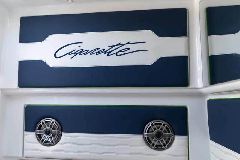  Yacht Photos Pics 2023 Cigarette 41' Nighthawk interior with branded upholstery and speaker system.