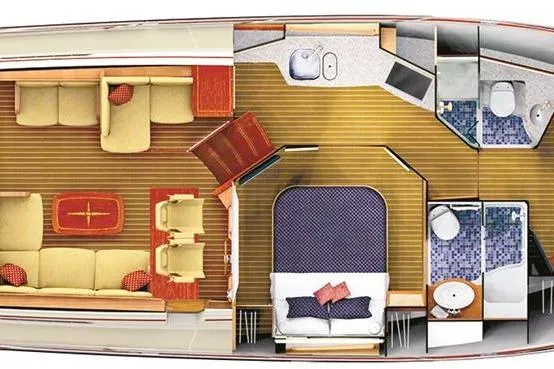 Dot's Deal Yacht Photos Pics 2023 Sabre 48 Salon Express yacht interior layout with living area, kitchen, and bedroom.