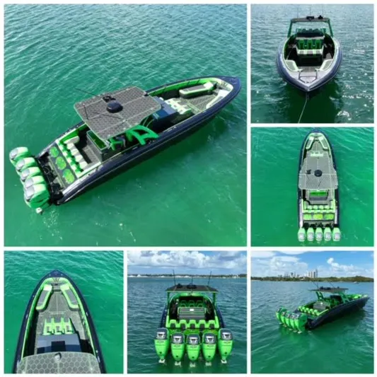  Yacht Photos Pics 2020 Midnight Express Open 43 boat with vibrant green accents on the water.