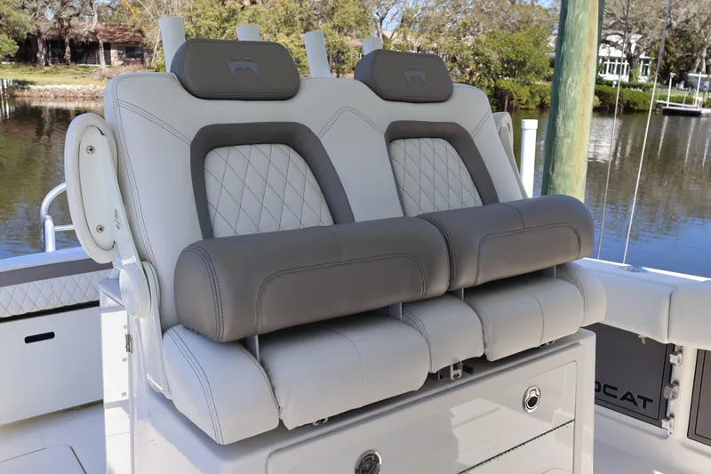  Yacht Photos Pics 2022 World Cat 280 CC-X boat seating with luxurious gray and white upholstery.