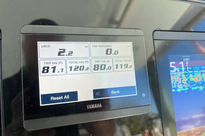  Yacht Photos Pics Yamaha display on 2022 World Cat 280 CC-X showing trip and fuel data.