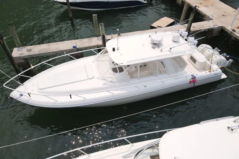  Yacht Photos Pics 2010 Intrepid 390 Sport Yacht docked at marina, aerial view.
