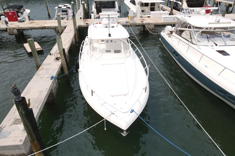  Yacht Photos Pics 2010 Intrepid 390 Sport Yacht docked at marina, aerial view.