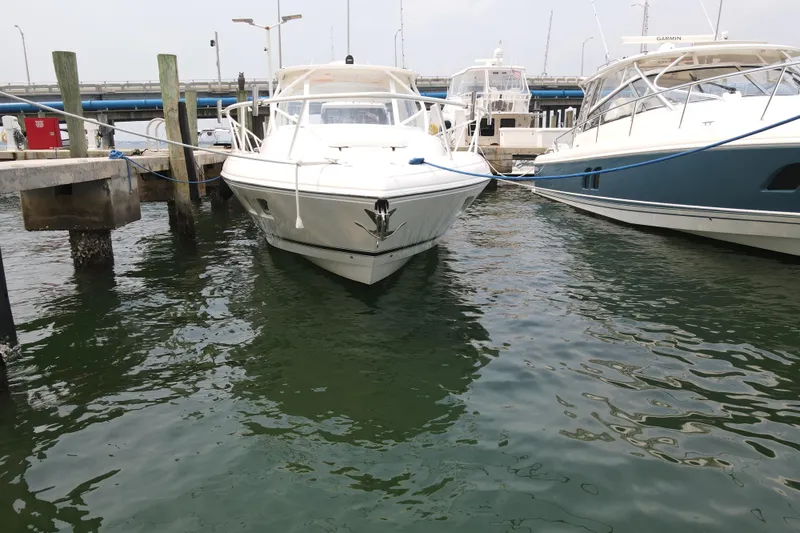  Yacht Photos Pics 2010 Intrepid 390 Sport Yacht docked at marina, front view.