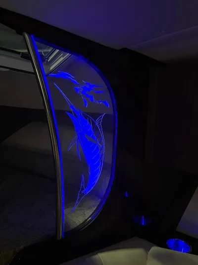  Yacht Photos Pics Interior of 2022 Grady-White Express 370 with illuminated marlin artwork.