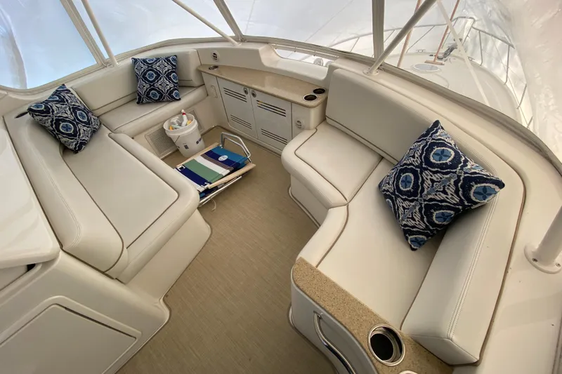 Gettsea Yacht Photos Pics Luxurious interior of 2008 Silverton 45 Convertible yacht with plush seating and decorative pillows.