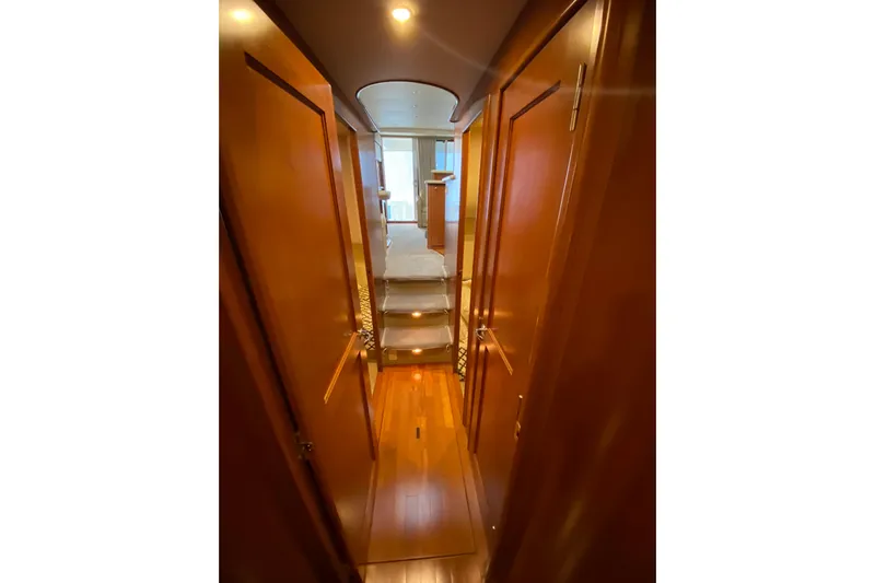 Gettsea Yacht Photos Pics Interior hallway of 2008 Silverton 45 Convertible yacht with wooden finishes.