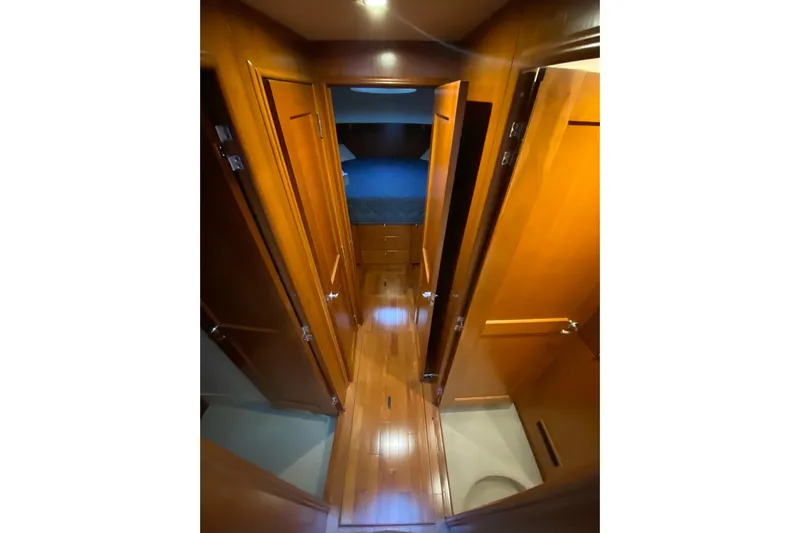 Gettsea Yacht Photos Pics Interior hallway of 2008 Silverton 45 Convertible yacht with wooden finish.