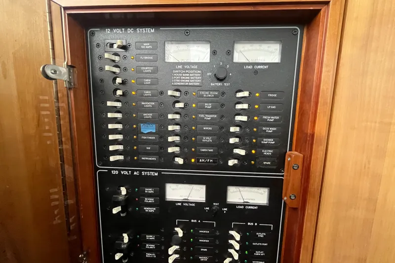  Yacht Photos Pics Electrical panel of a 2004 PDQ Passage Maker boat, featuring 12V DC and 120V AC systems.