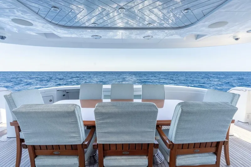 Ruffian Yacht Photos Pics Luxury yacht deck with ocean view, Delta Marine Tri-Deck, 2001 model.