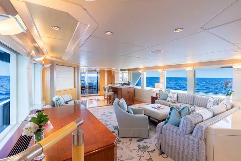 Ruffian Yacht Photos Pics Luxurious interior of 2001 Delta Marine Tri-Deck yacht with ocean view and elegant furnishings.