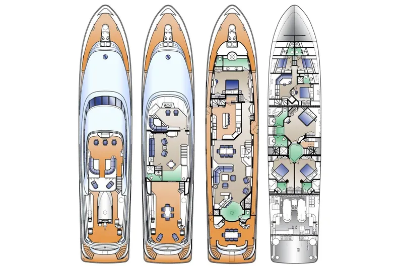 Ruffian Yacht Photos Pics Deck plans of a 2001 Delta Marine Tri-Deck yacht, showcasing detailed layouts and amenities.