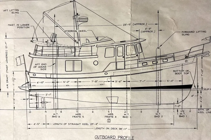 Abina Yacht Photos Pics Blueprint of a 2001 Kadey-Krogen 39 boat, showcasing detailed side profile and measurements.