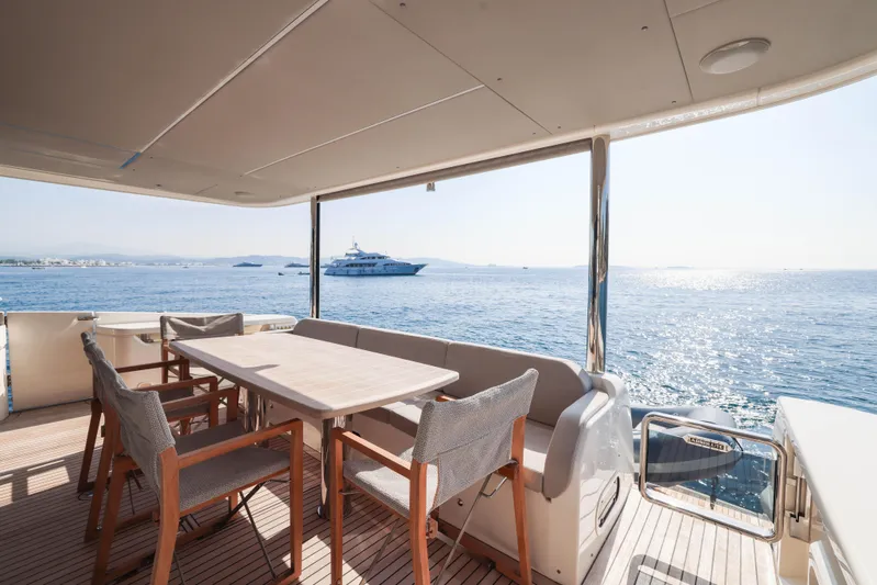  Yacht Photos Pics Luxury yacht Absolute Navetta 68, 2023 model, with elegant outdoor seating and ocean view.