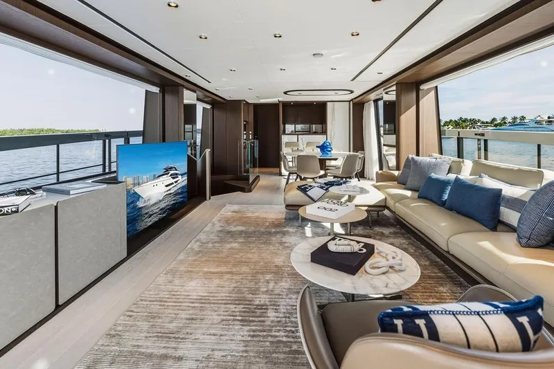 Yacht Photos Pics Luxurious interior of 2023 Ferretti Yachts 860 with elegant seating and panoramic views.