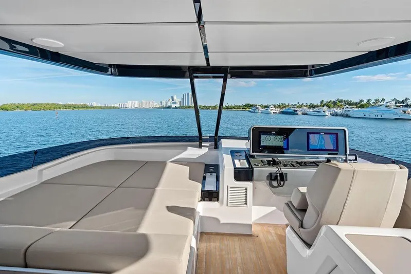  Yacht Photos Pics Luxurious 2023 Ferretti Yachts 860 interior with scenic ocean view and modern navigation system.